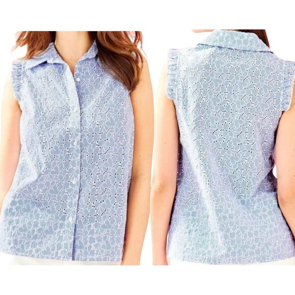 Lilly Pulitzer Blue Lenox Eyelet Sleeveless Button Down Blouse Top - Size 4 - Picture 1 of 9